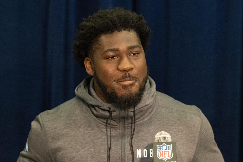 Colorado State's Mohamed Kamara talks to reporters at the NFL Combine.