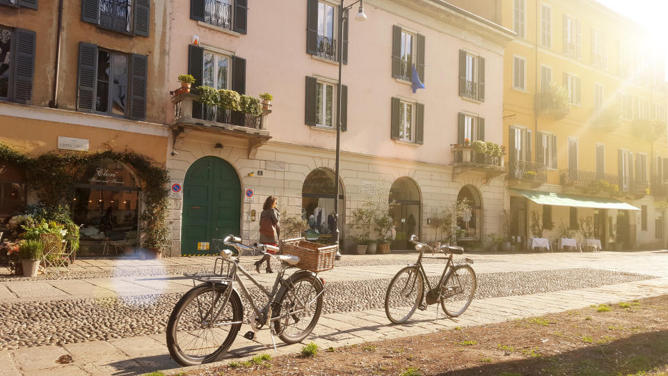 Bikes on a quiet street in Italy.