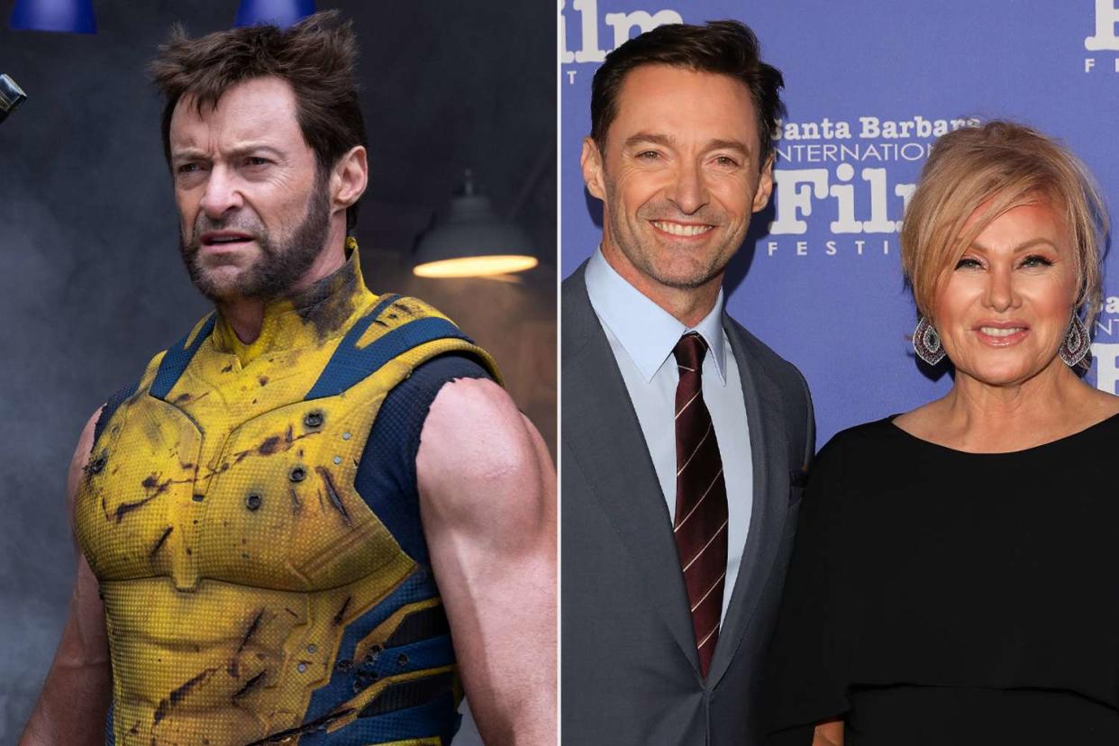 <p>Jay Maidment/20th Century Studios/Marvel; JB Lacroix/Getty</p> Hugh Jackman in "Deadpool & Wolverine"; Hugh and Deborra-lee Jackman in 2018