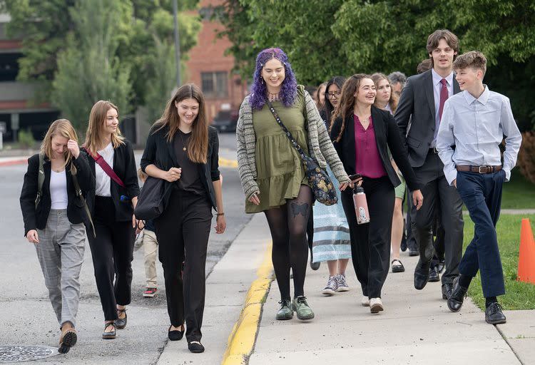 Youth plaintiffs walking to the courthouse in Helena (Photo by Robin Loznak)