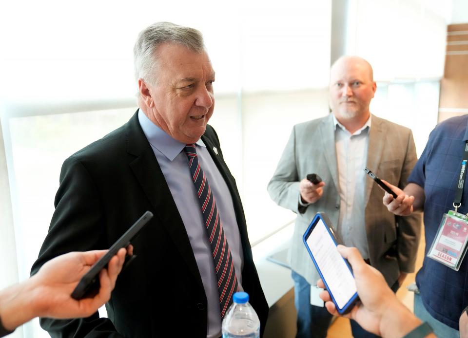 May 29, 2024; Columbus, OH, USA; Don Waddell speaks to reporters after being hired as president of hockey operations and general manager for the Columbus Blue Jackets during a media press conference at Nationwide Arena.