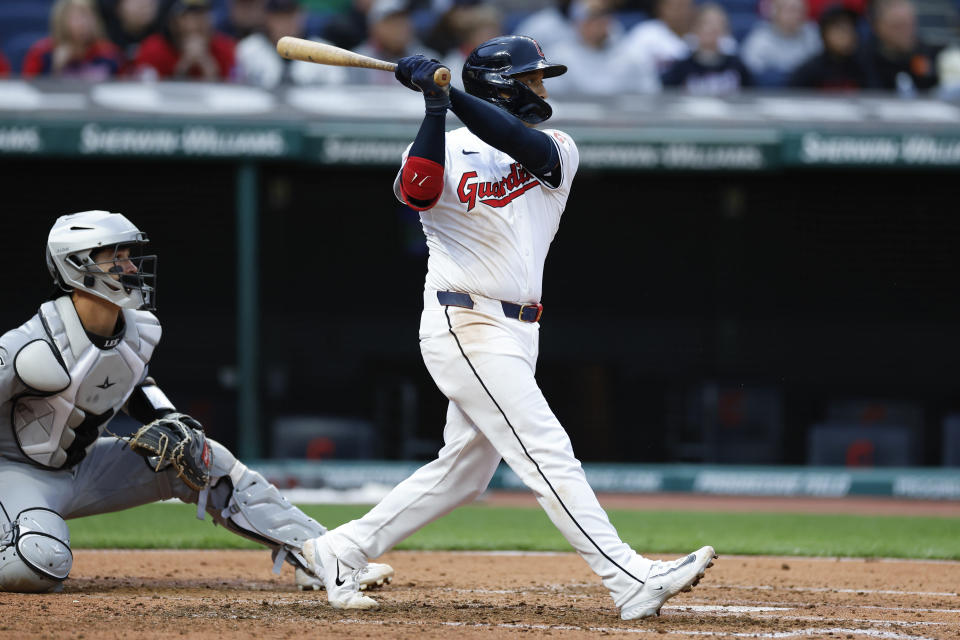 Cleveland Guardians' Bo Naylor watches his two-run home run off Chicago White Sox pitcher Erick Fedde during the fourth inning of a baseball game, Wednesday, April 10, 2024, in Cleveland. (AP Photo/Ron Schwane)