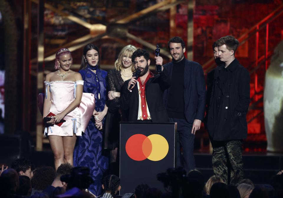Foals accept their award for British Group on stage at the Brit Awards 2020 in London, Tuesday, Feb. 18, 2020. (Photo by Joel C Ryan/Invision/AP)