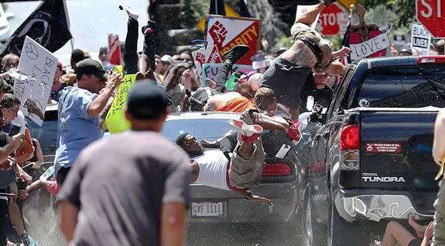 A car ploughed into a crowd of nationalists and counter demonstrators in Virginia. Picture: AP