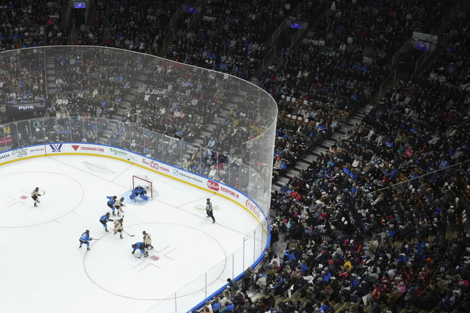 Toronto takes on Montreal during the first period of a PWHL hockey game Friday, Feb. 16, 2024, in Toronto. (Chris Young/The Canadian Press via AP)