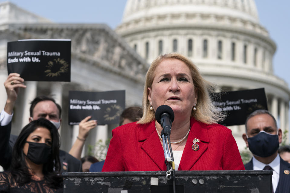 Rep. Sylvia Garcia, D-Texas, speaks during a news conference about the "I Am Vanessa Guillén Act," in honor of the late U.S. Army Specialist Vanessa Guillén, and survivors of military sexual violence, during a news conference on Capitol Hill, Wednesday, Sept. 16, 2020, in Washington. (AP Photo/Alex Brandon)