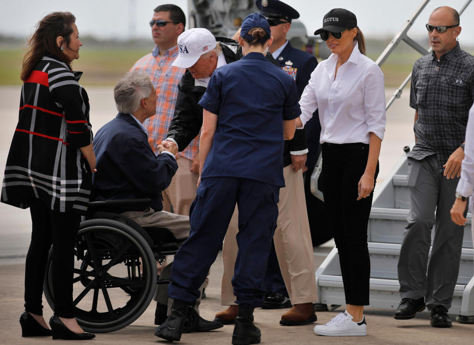 <p>President Donald Trump (C) and first lady Melania Trump (2ndR) are greeted by Texas Governor Greg Abbott (2ndL) prior to receiving a briefing on Tropical Storm Harvey relief efforts in Corpus Christi, Texas, Aug. 29, 2017. (Photo: Carlos Barria/Reuters) </p>