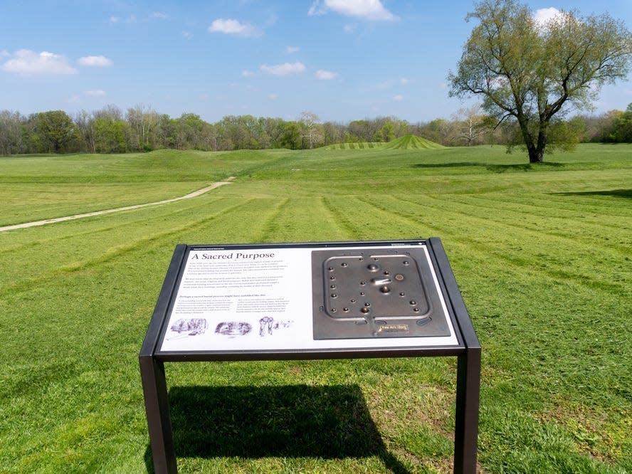 Hopewell Culture National Historical Park Mound City group model. Earthworks and burial mounds from indigenous peoples who flourished from about 200 BC to AD 500.