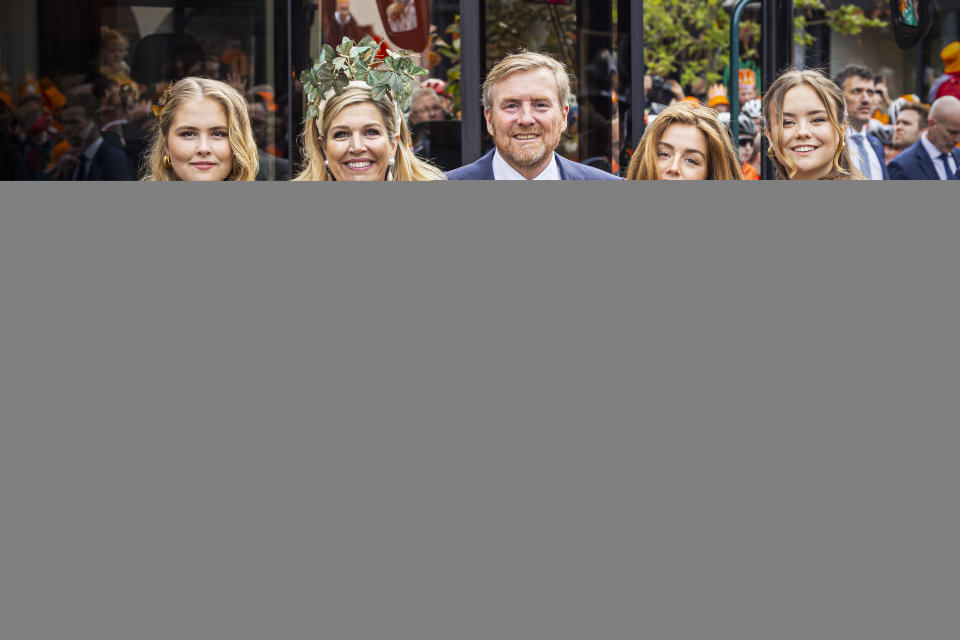 Princess Amalia of The Netherlands, Queen Maxima of The Netherlands, King Willem-Alexander of The Netherlands, Princess Alexia of The Netherlands and Princess Ariane of The Netherlands during King's Day on April 27, 2024 in Emmen, Netherlands.