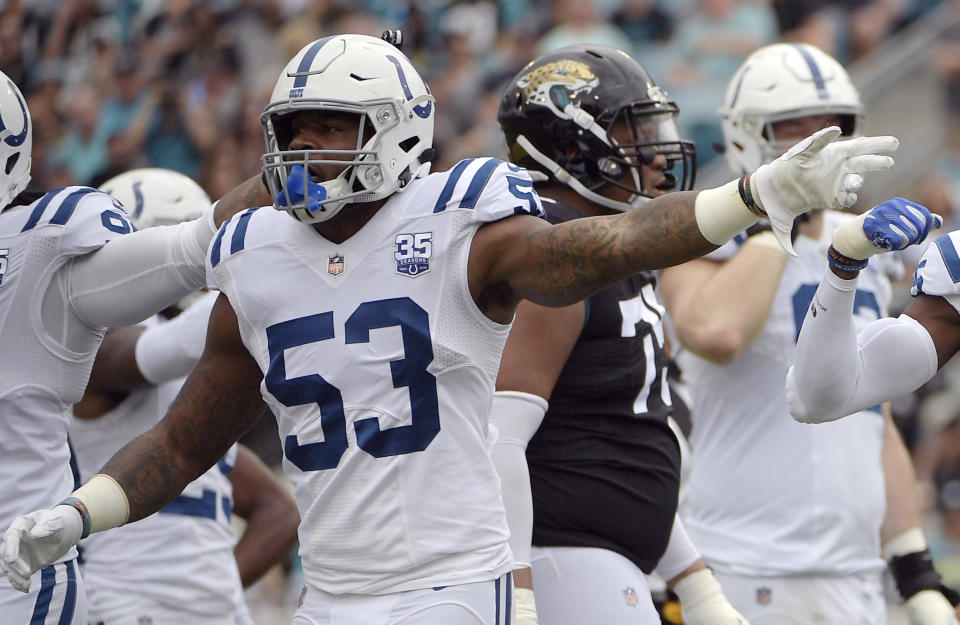 FILE - In this Dec. 2, 2018, file photo, Indianapolis Colts outside linebacker Darius Leonard (53) reacts after forcing a turnover during the first half of the team's NFL football game against the Jacksonville Jaguars in Jacksonville, Fla. Leonard believes better fundamentals will help him reduce the number of missed tackles, and he hopes to create more turnovers. (AP Photo/Phelan M. Ebenhack, File)