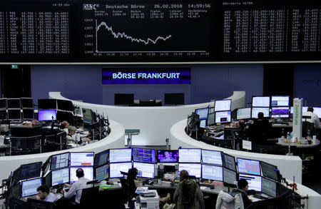 FILE PHOTO: The German share price index, DAX board, is seen at the stock exchange in Frankfurt, Germany, February 26, 2018. REUTERS/Staff/Remote