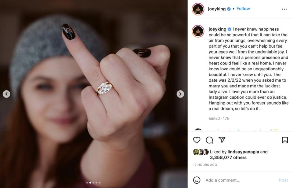 Joey King shows her engagement ring on Instagram