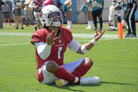 Arizona Cardinals quarterback Kyler Murray celebrates his touchdown against the Jacksonville Jaguars during the first half of an NFL football game, Sunday, Sept. 26, 2021, in Jacksonville, Fla. (AP Photo/Phelan M. Ebenhack)