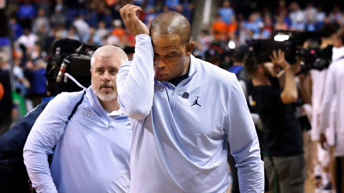 North Carolina head coach Hubert Davis walks off the court after Virginia’s 68-59 victory over UNC in the quarterfinals of the ACC Men’s Basketball Tournament in Greensboro, N.C., Thursday, March 9, 2023. Ethan Hyman/ehyman@newsobserver.com