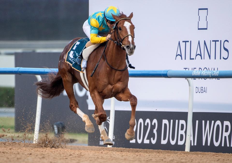 Derma Sotogake with jockey Christophe Lemaire wins Group 2 UAE Derby over 1900m (9.5 furlongs) at the Meydan racecourse in Dubai, United Arab Emirates, Saturday, March 25, 2023.