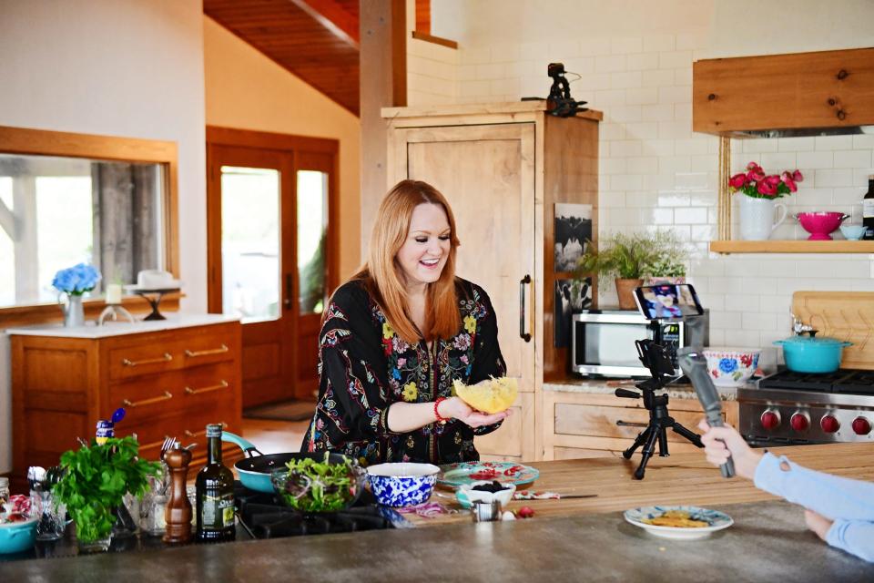 Ree Drummond is filmed making a parmesan salad bowl, for an episode of "The Pioneer Woman" filmed with a smartphone.