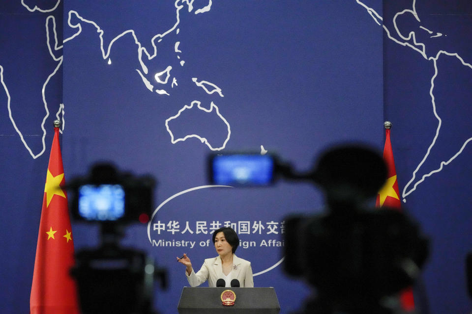 Chinese Foreign Ministry spokesperson Mao Ning gestures as she speaks during a daily briefing at the Ministry of Foreign Affairs office in Beijing, Monday, April 24, 2023. The Chinese government said Monday it respects the sovereignty of former Soviet Union republics after Beijing’s ambassador to France caused an uproar in Europe by saying they aren’t sovereign nations. (AP Photo/Andy Wong)
