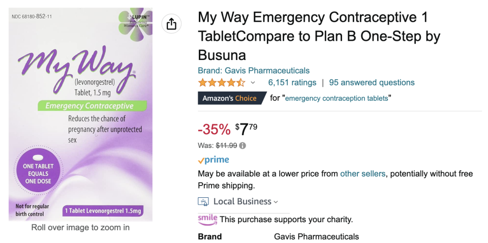 A box of My Way levonorgestrel emergency contraceptive available at Amazon