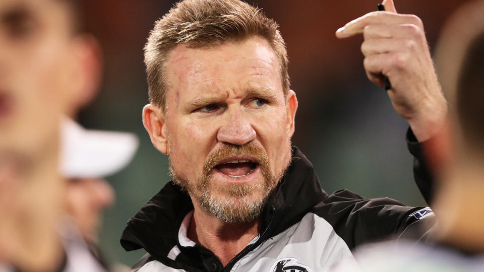 Collingwood coach Nathan Buckley is pictured during an AFL game.