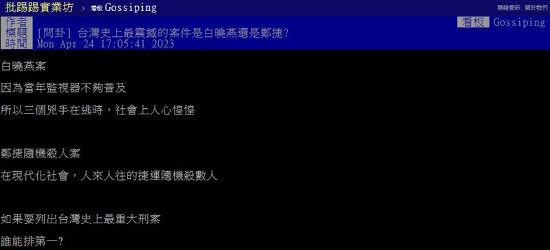 網友開始討論台灣史上哪件刑案最震撼，許多人都直指白曉燕命案。（圖／翻攝自PTT）