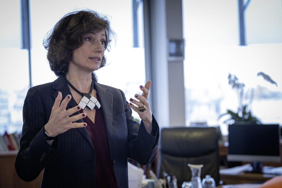 UNESCO Director General Audrey Azoulay answers the Associated Press during a conference on guidelines for regulating digital platforms, Wednesday, Feb. 22, 2023 at the UNESCO headquarters in Paris. The two-day conference in Paris aims to formulate guidelines and principles that would help regulators, governments, lawmakers and business manage content that undermines democracy and human rights while supporting freedom of expression and promoting the availability of accurate and reliable information. (AP Photo/Aurelien Morissard)