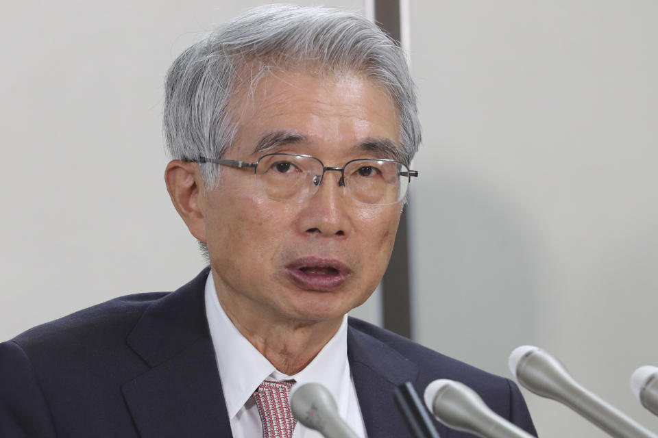 Junichiro Hironaka, a lawyer of former Nissan Chairman Carlos Ghosn, speaks during a press conference in Tokyo, Thursday, Oct. 24, 2019. The lawyers of former Nissan Chairman Carlos Ghosn, who is awaiting trial in Japan, said Thursday they have requested that financial misconduct charges against him be dismissed. (AP Photo/Koji Sasahara)