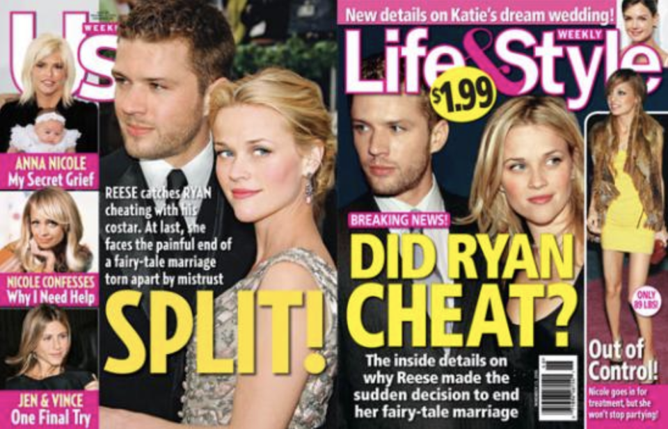 Reese Witherspoon and Ryan Phillippe's 2006 divorce covered magazines — like Us Weekly and Life & Style — for several years. (Photo: Us Weekly, Life & Style)
