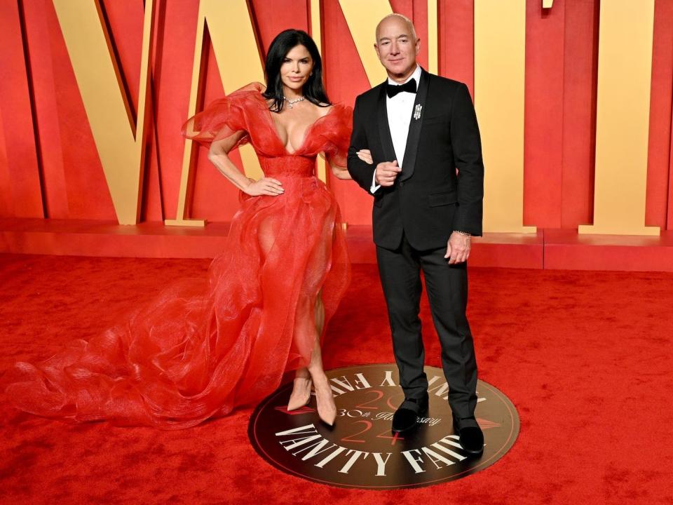 Lauren Sanchez and Jeff Bezos attend the 2024 Vanity Fair Oscar after-party.