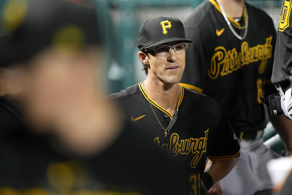 Pittsburgh Pirates' Drew Maggi walks in the dugout in the ninth inning of the second baseball game of a doubleheader against the Washington Nationals, Saturday, April 29, 2023, in Washington. (AP Photo/Patrick Semansky)