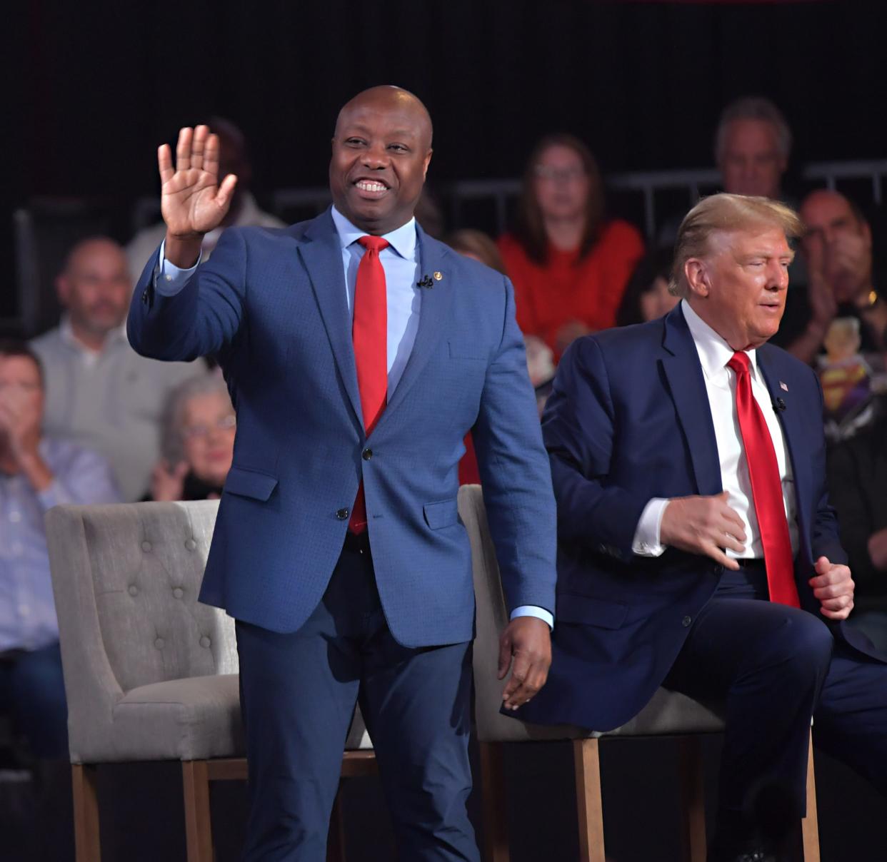 Donald Trump brought his returning bid for the White House to Greenville, S.C. The former President was in town for a Ingraham Angle Town Hall at the Greenville Convention Center on Tuesday, Feb. 20, 2024. South Carolina Sen. Tim Scott takes the stage.