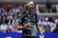 Alexander Zverev, of Germany, reacts after winning a point against Diego Schwartzman, of Argentina, during the fourth round of the US Open tennis championships Monday, Sept. 2, 2019, in New York. (AP Photo/Frank Franklin II)