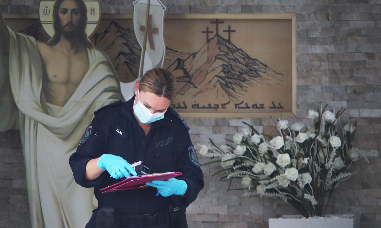 <span>NSW forensic police at Christ The Good Shepherd Church in Wakeley, western Sydney, on Tuesday.</span><span>Photograph: Lisa Maree Williams/Getty Images</span>
