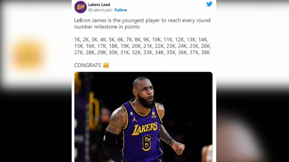 詹姆斯保有所有NBA每1000分里程碑的最年輕紀錄。（圖／翻攝自 推特@LakersLead）