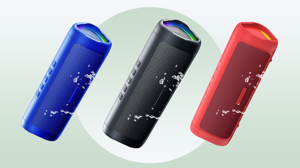 blue, black, and red bluetooth speakers