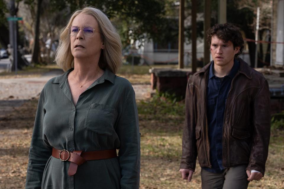 (from left) Laurie Strode (Jamie Lee Curtis) and Corey (Rohan Campbell) in Halloween Ends