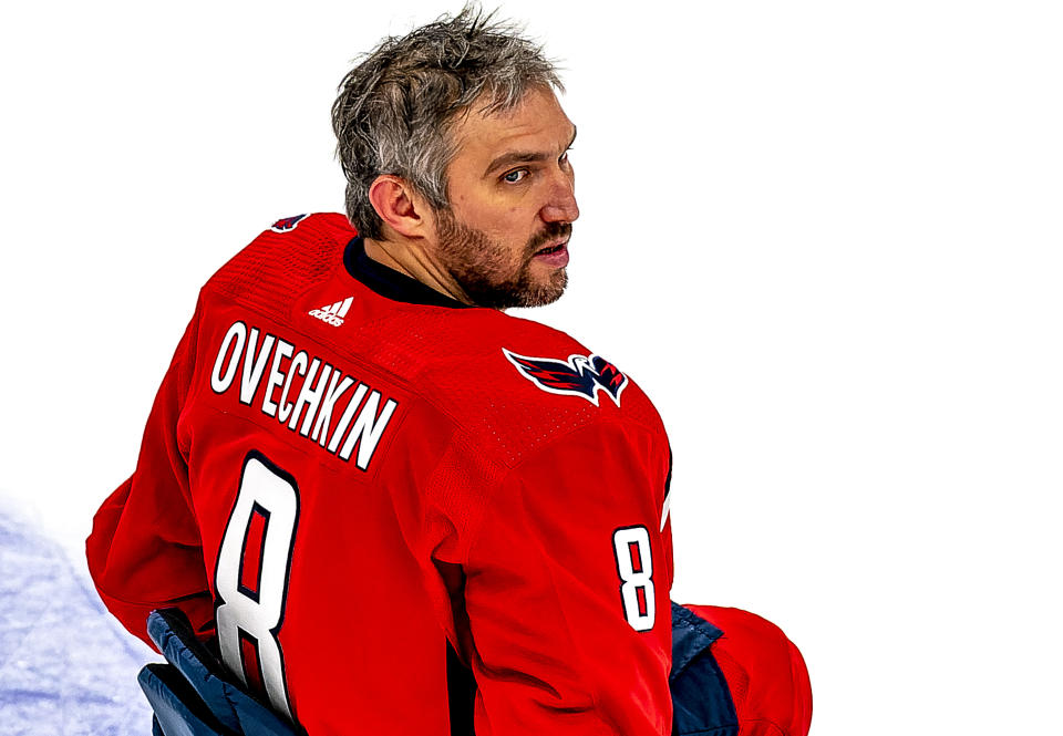 WASHINGTON, DC - NOVEMBER 08: Washington Capitals Left Wing Alex Ovechkin (8) before an NHL game between the Washington Capitals and the Buffalo Sabres on November 08, 2021, at Capital One Arena, in Washington, D.C.
(Photo by Tony Quinn/Icon Sportswire via Getty Images)