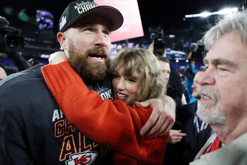 <h1 class="title">Travis Kelce #87 of the Kansas City Chiefs celebrates with Taylor Swift after a 17-10 victory against the Baltimore Ravens in the AFC Championship Game at M&T Bank Stadium on January 28, 2024 in Baltimore, Maryland.</h1><cite class="credit">Patrick Smith/Getty Images</cite>