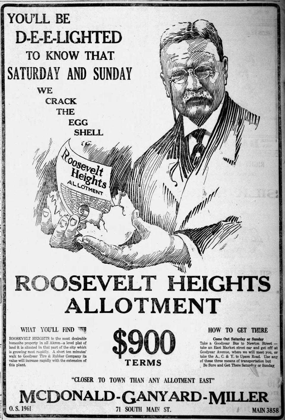 An April 1920 advertisement in the Beacon Journal promotes the Roosevelt Heights allotment on the outskirts of Akron. It was named for President Theodore Roosevelt, who had died a year earlier.