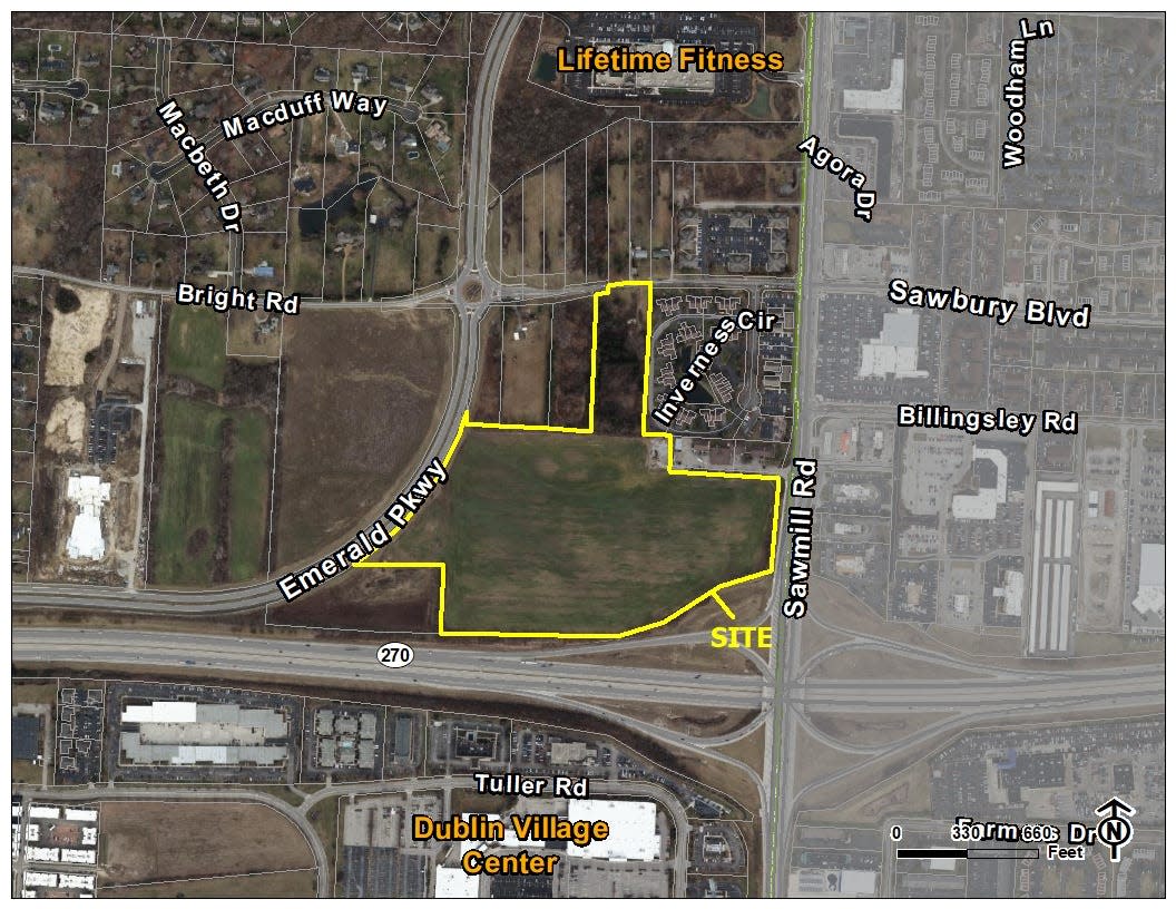 This map shows the location of a proposed Mount Carmel Health System hospital near Bright and Sawmill roads and off Emerald Parkway, just north of Interstate 270 in Dublin.