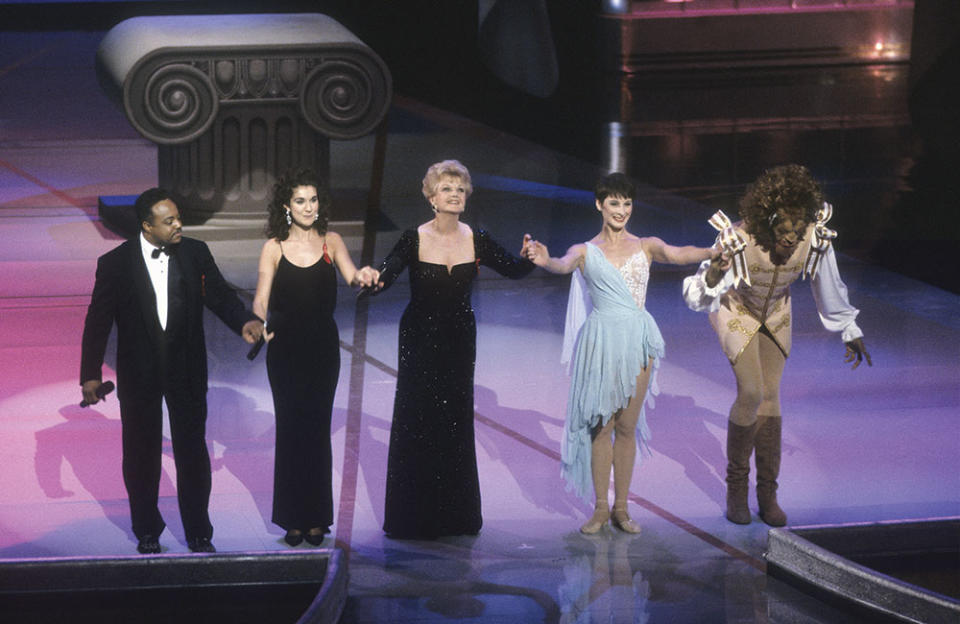 From left: Peabo Bryson, Celine Dion, Angela Lansbury and dancers Cynthia Gregory and Kevin Iega Jeff took bows after performing “Beauty and the Beast” at the 1992 Oscars. - Credit: Courtesy Of A.M.P.A.S