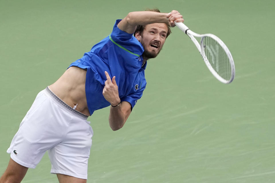 Daniil Medvedev, of Russia, serves to Carlos Alcaraz, of Spain, during the men's singles final at the BNP Paribas Open tennis tournament Sunday, March 19, 2023, in Indian Wells, Calif. (AP Photo/Mark J. Terrill)