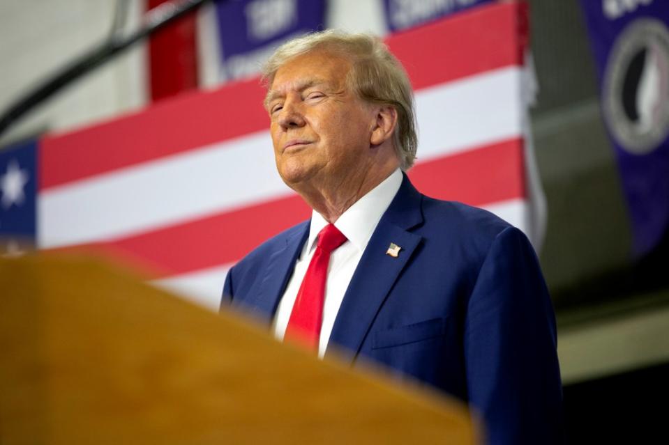 Former President Donald Trump speaks to a crowd of supporters at the Fort Dodge Senior High School on Nov. 18, 2023, in Fort Dodge, Iowa. (Photo by Jim Vondruska/Getty Images)