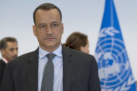 U.N. Secretary-General Special Envoy Ismail Ould Cheikh Ahmed opens with delegations from Sanaa at the Yemen peace talks in Switzerland December 15, 2015. REUTERS/UN Photo/Jean-Marc Ferre/Handout via Reuters