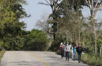 Migrants walk on the highway from Frontera Corozal to Palenque, Chiapas state, Mexico, Wednesday, March 24, 2021. (AP Photo/Eduardo Verdugo)