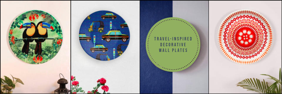 A dozen decorative wall plates that serve as travel inspiration or memory triggers of vacations well spent.