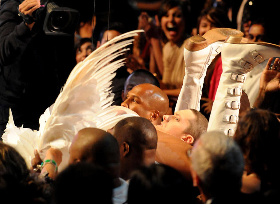At the 2009 MTV Movie awards, to promote his film “Bruno,” Cohen put on angel wings and a fashionable jock strap to fly above the audience. Much to most everyone’s surprise, he fell from the sky and into Eminem’s lap in a most uncompromising position. Eminem stormed off in a huff, causing viewers to ask if the rapper was in on the joke (don’t worry, he was).