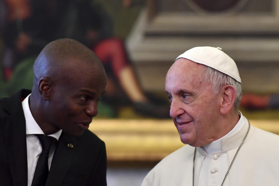 FILE - In this Jan. 26, 2018 file photo, Haiti President Jovenel Moise meets with Pope Francis during a private audience at the Vatican. Pope Francis is sending condolences from the hospital to Haiti following what he said was the “heinous assassination” of its president. In a telegram Thursday signed by the Vatican secretary of state, Francis condemned “all forms of violence as a means of resolving crises and conflicts.” (Alberto Pizzoli/Pool Photo Via AP)