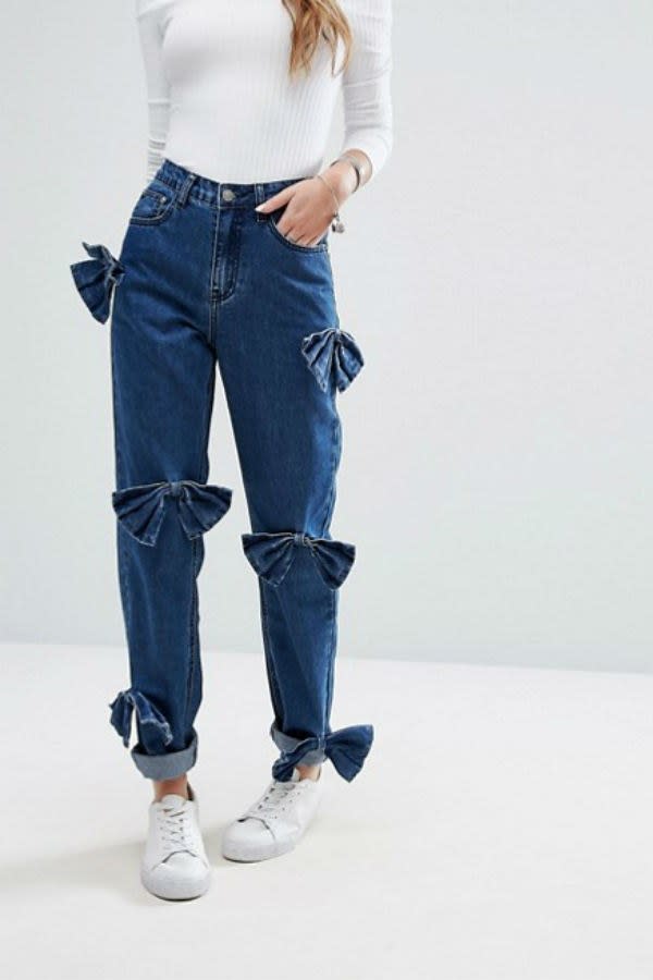 <p>Glamorous relaxed mom jeans with distressed bows, $70, <a rel="nofollow noopener" href="http://www.asos.com/au/glamorous/glamorous-relaxed-mom-jeans-with-distressed-bows/prd/7579948?iid=7579948&mbid=synd_yahoostyle" target="_blank" data-ylk="slk:asos.com;elm:context_link;itc:0;sec:content-canvas" class="link ">asos.com</a></p>