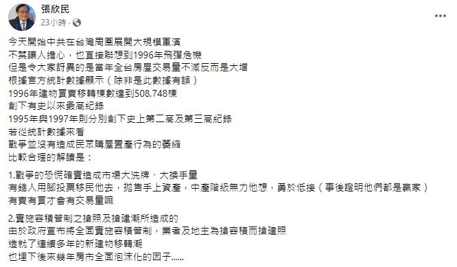 張欣民直言，當年台海危機低接買房後來都變贏家。（圖／翻攝張欣民臉書）