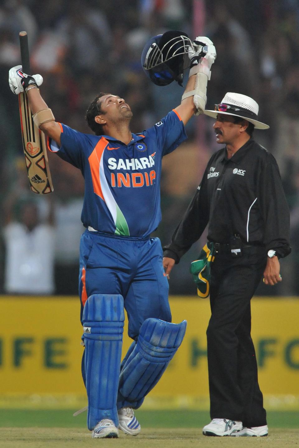 GWALIOR, INDIA - FEBRUARY 24: Sachin Tendulkar of India celebrates his 200, the first ever double hundred in a one day international, during the 2nd ODI between India and South Africa at Captain Roop Singh Stadium on February 24, 2010 in Gwalior, India. (Photo by Duif du Toit/Gallo Images/Getty Images)